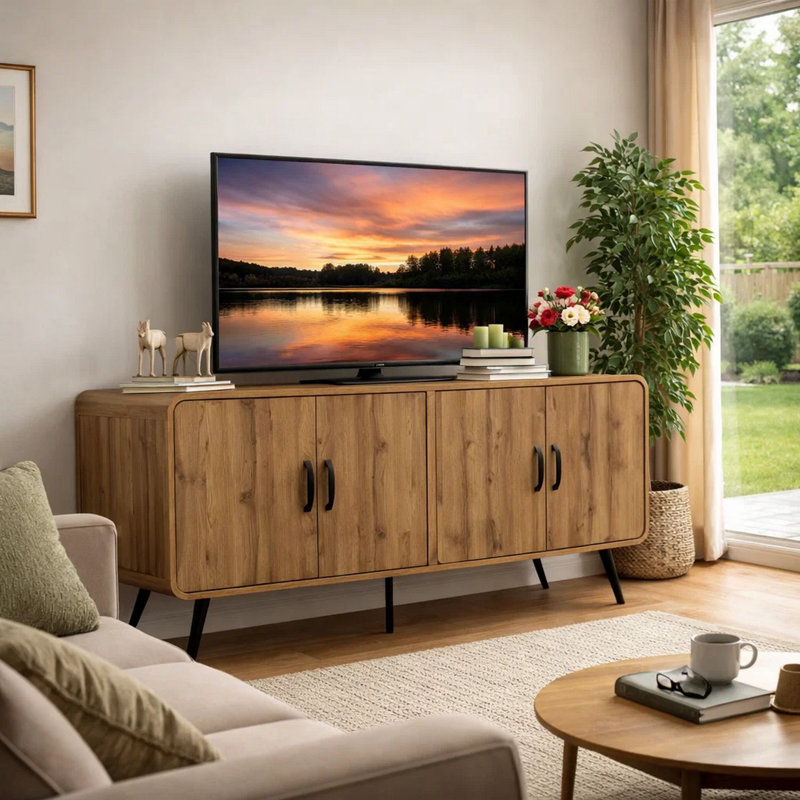 Wea TV Media Console, 63 Inch, 4 Cabinet Doors, Oak Brown Laminate