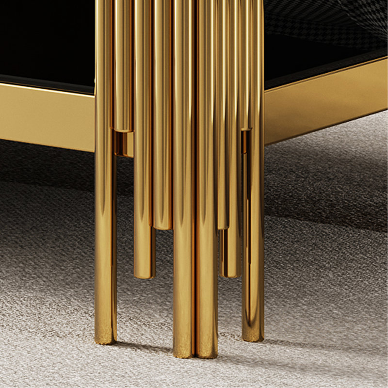 Élégante table basse en verre trempé avec structure en acier inoxydable noir et doré et double couche durable facile à nettoyer