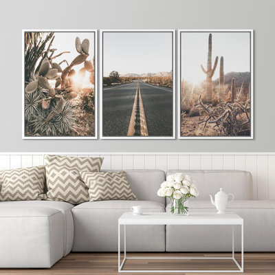 «Cactus Desert», «Road Through The Joshua Tree Landscape», grande impression sur toile 3 pièces