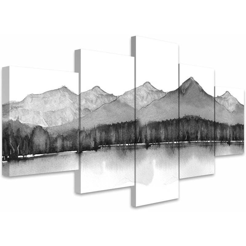 Paysage abstrait en noir et blanc, forêt de montagne pastel, lac, paysage, nature, illustrations abstraites, art moderne, 5 pièces