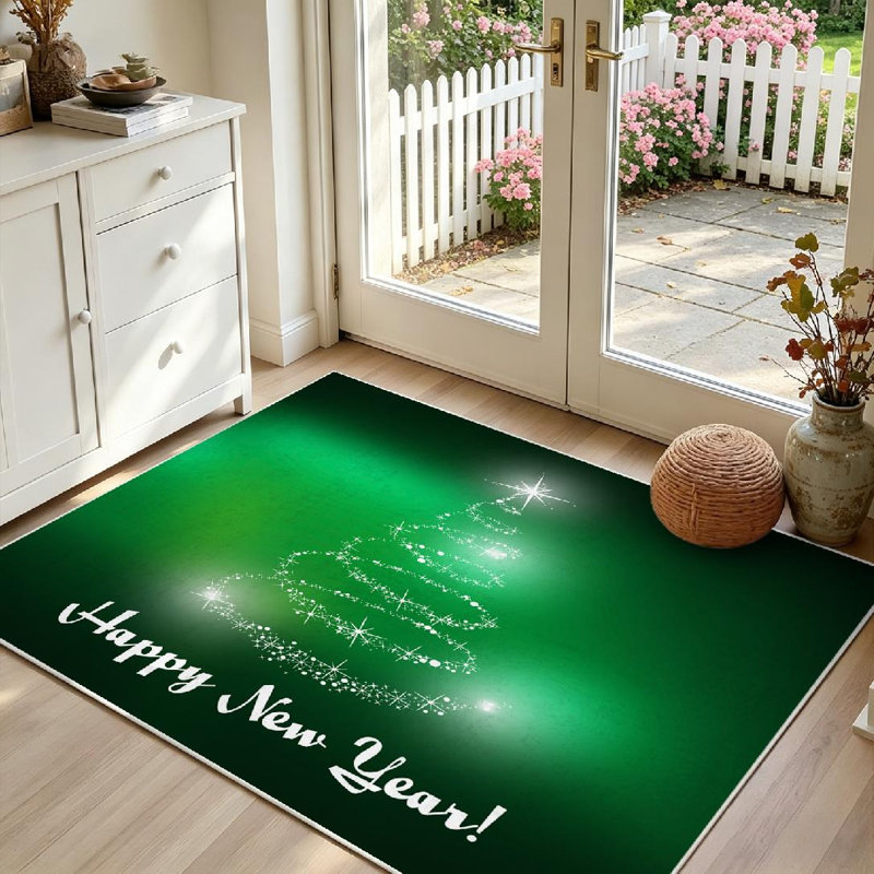 Tapis d'intérieur vert lavable à la machine, motif sapin de Noël et bonne année, Rectangle 39 po x 63 po