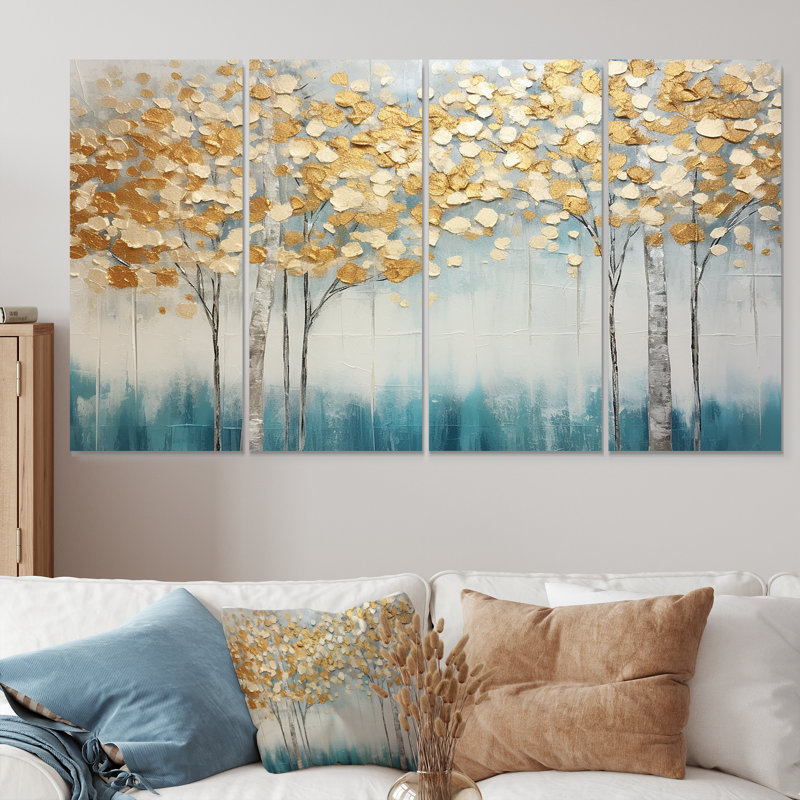Serene Birch Trees Silver Autumn - Tree Birch, art mural 4 pièces, H 32 po x l 64 po