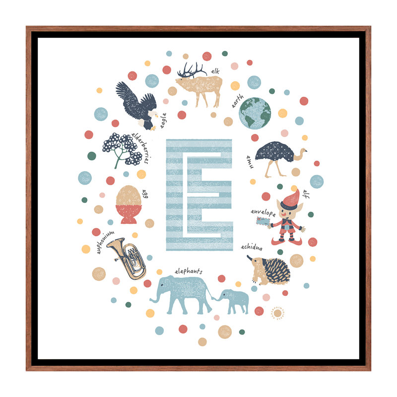 Lettre illustrée E bleue - impression, Aucun mat, Toile avec cadre brun, H 18 po x l 18 po x 1,5 po