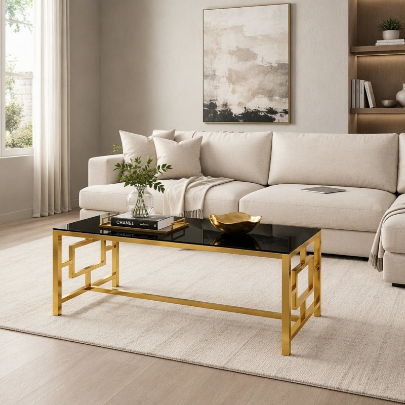 Tempered Glass Top Coffee Table, H 15,8 po x l 47,2 po x P 23,6 po, Black / Gold