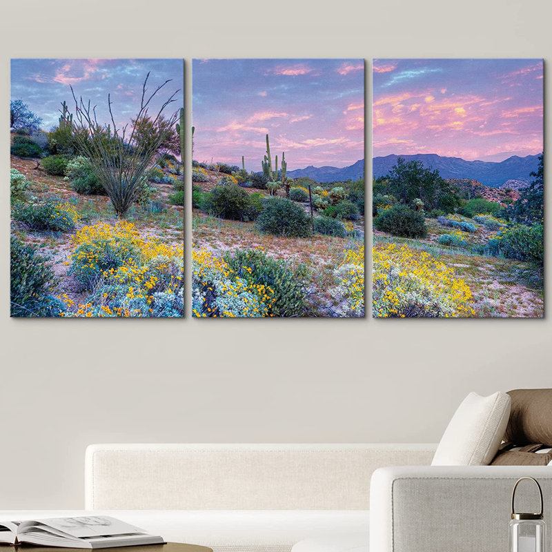 «Nature Landscape Blooming Desert at Sunset», reproduction de photo sur toile tendue, H 24 po x l 48 po x 1,5 po
