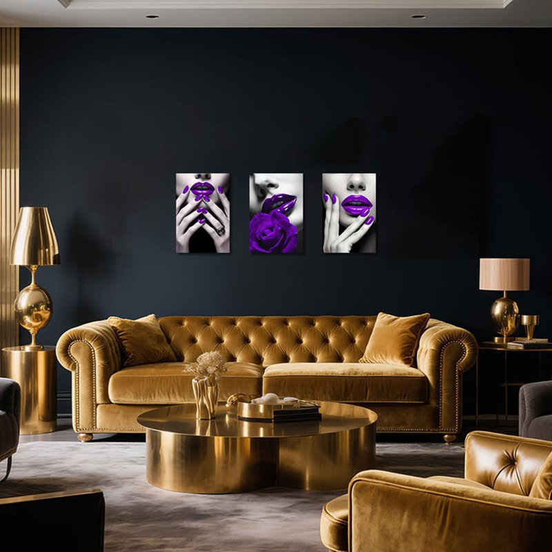 Lips Canvas Wall Art 3 PCS Woman Lip Pictures Fashion Manicure Poster Black and Purple Nail Painting for Makeup Room Beauty Salon Decor (purple,12W x16L x3)