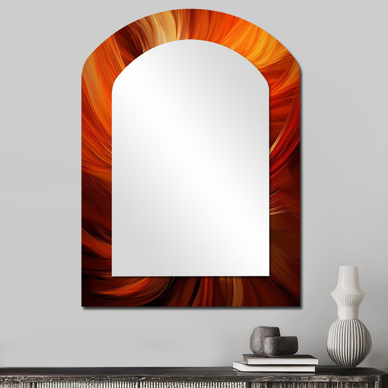 Orange Abstract Warm Fractal Design VI - Fractals Asymmetrical Large Wall Mirror, Orange Arch Decorative Mirror, Printed Metal Art