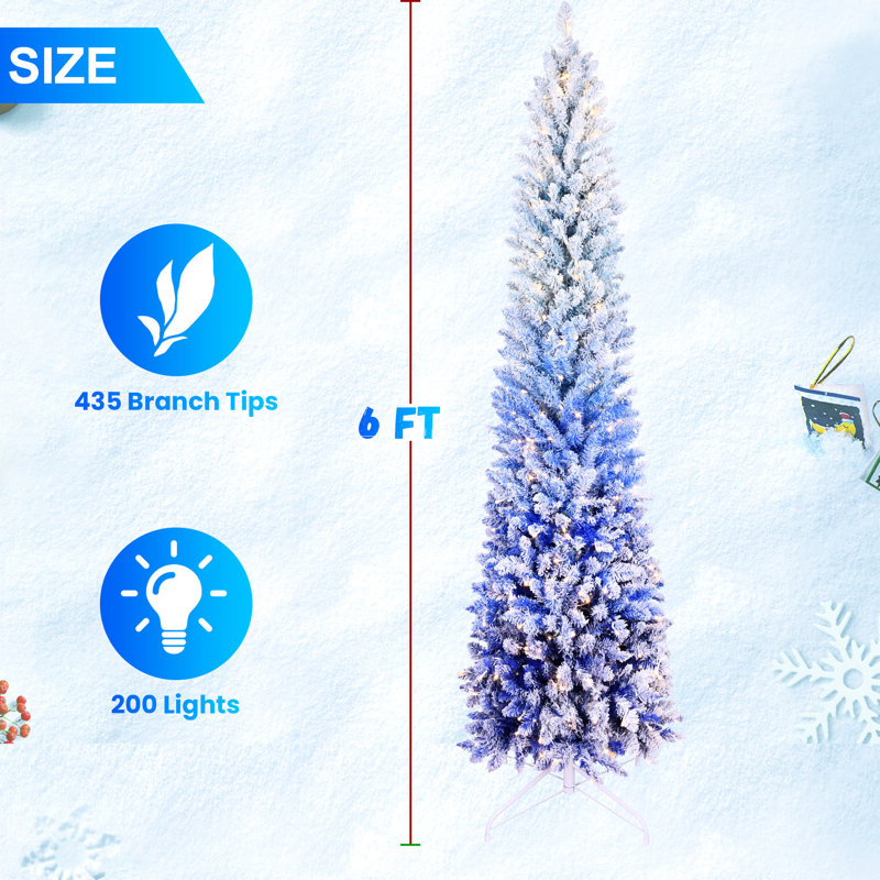 6 pi Tree arbre de Noël floqué bleu dégradé 、 200 lumières blanc chaud 、 485 pointes Structure structure à charnières Stand support en métal stable Corner coin de bureau 6 pi arbre de Noël floqué bleu avec 200 lumières douces, 485