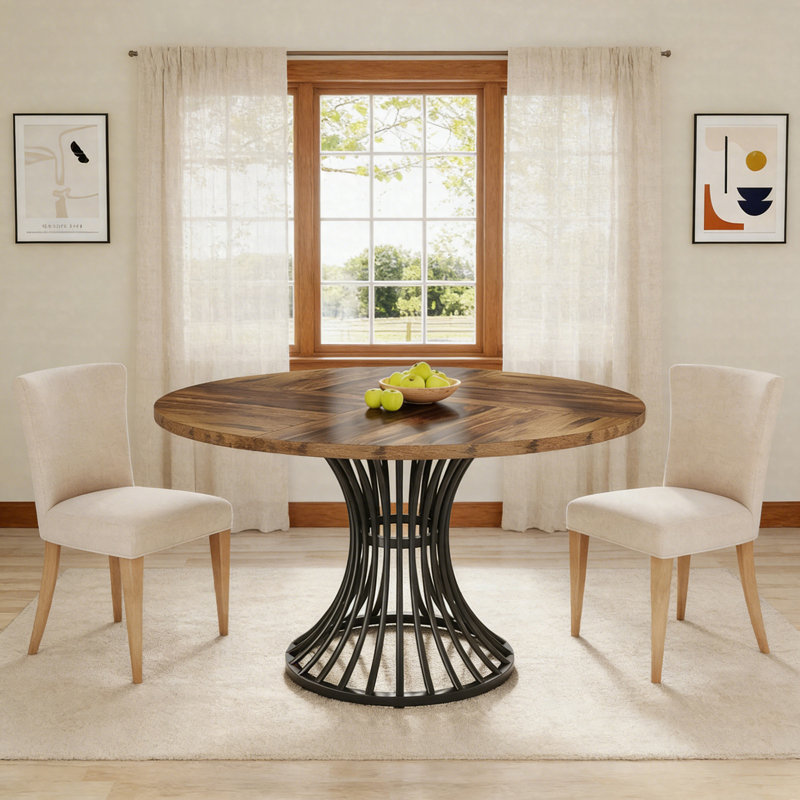 Ashiyah Round Metal Base Dining Table, Brown, Black