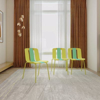Été - Ensemble de 4 chaises à blocs de couleurs modernes à rayures - Siège en plastique pour l'intérieur / extérieur et pieds en métal robustes, jaune éclatant, orange, vert - pour le salon, le balcon, le café, la terrasse