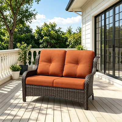 All Weather PE Wicker 2-Seat Loveseat with Removable Orange Cushions
