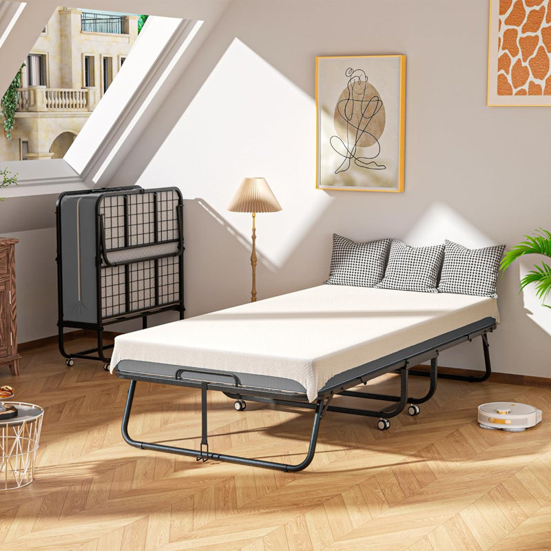 Folding Bed with 5" Memory Foam Mattress, Roll Away Beds with Metal Frame for Adults, Portable Foldable Bed with Wheels and Dustproof Bag