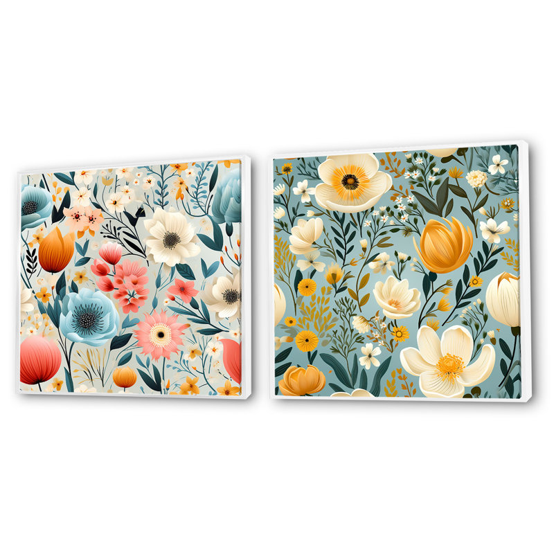 Alpharetta - Ensemble de 2 collages carrés floraux, H 16 po x l 33 po, Cadre flottant blanc