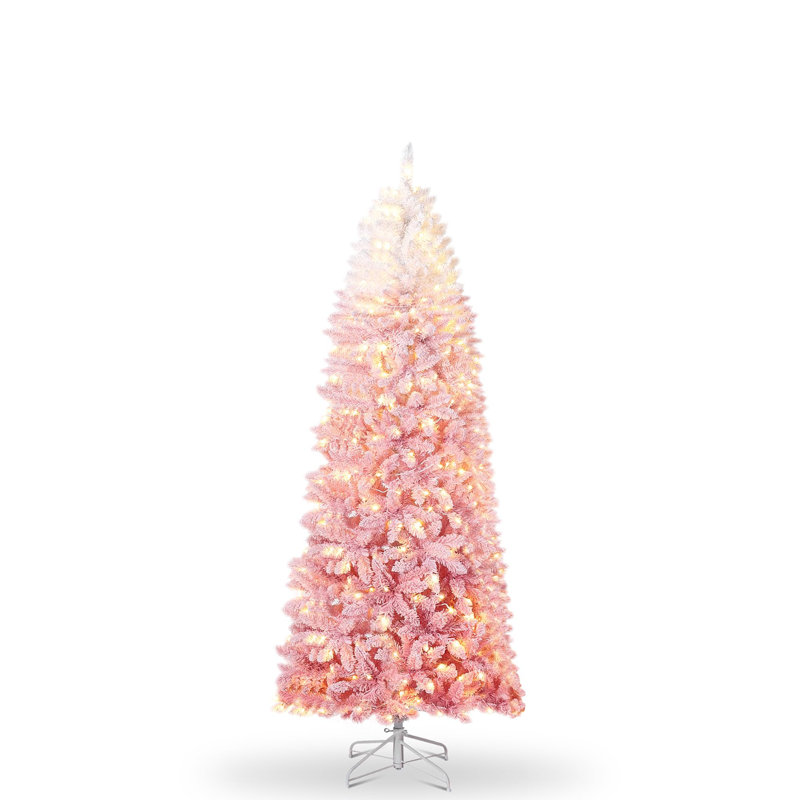 183 cm/229 cm Slim Pencil Christmas Tree, Artificial Green & White Gradient, Flocked Skinny Xmas Tree with Metal Stand, Full Flame-Retardant Branch, Easy Assembly for Holiday Decorations