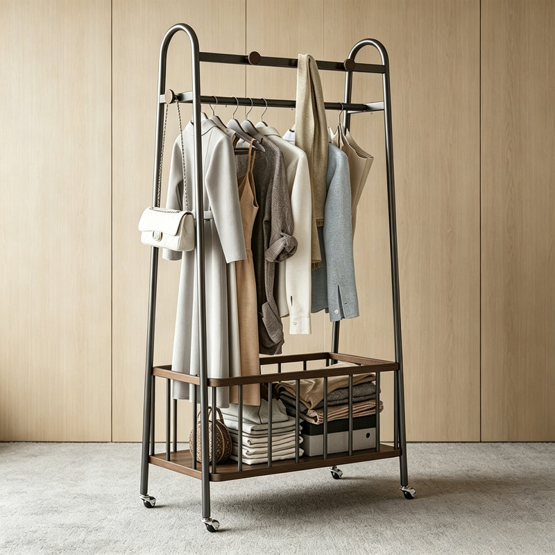 Metal Walnut Rolling Coat Rack