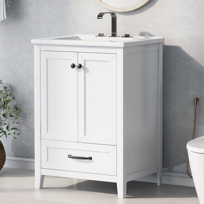 Ensemble de meuble-lavabo simple 24 po avec plateau en céramique Tashanae, bois massif et panneau de fibres à densité moyenne, blanc