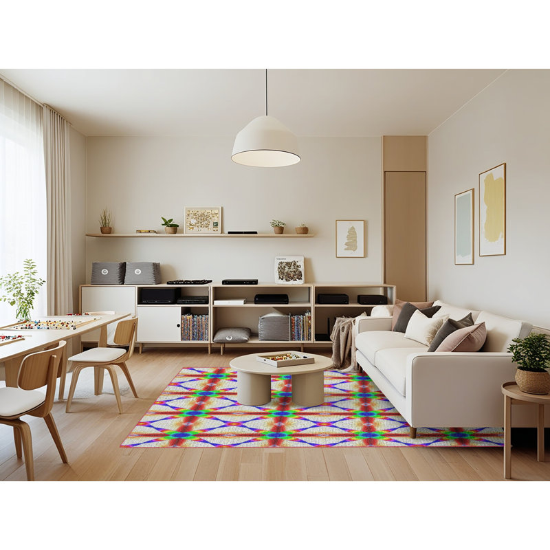 Motif géométrique rouge/vert/bleu Tapis décoratif, Rectangle 7 pi x 9 pi