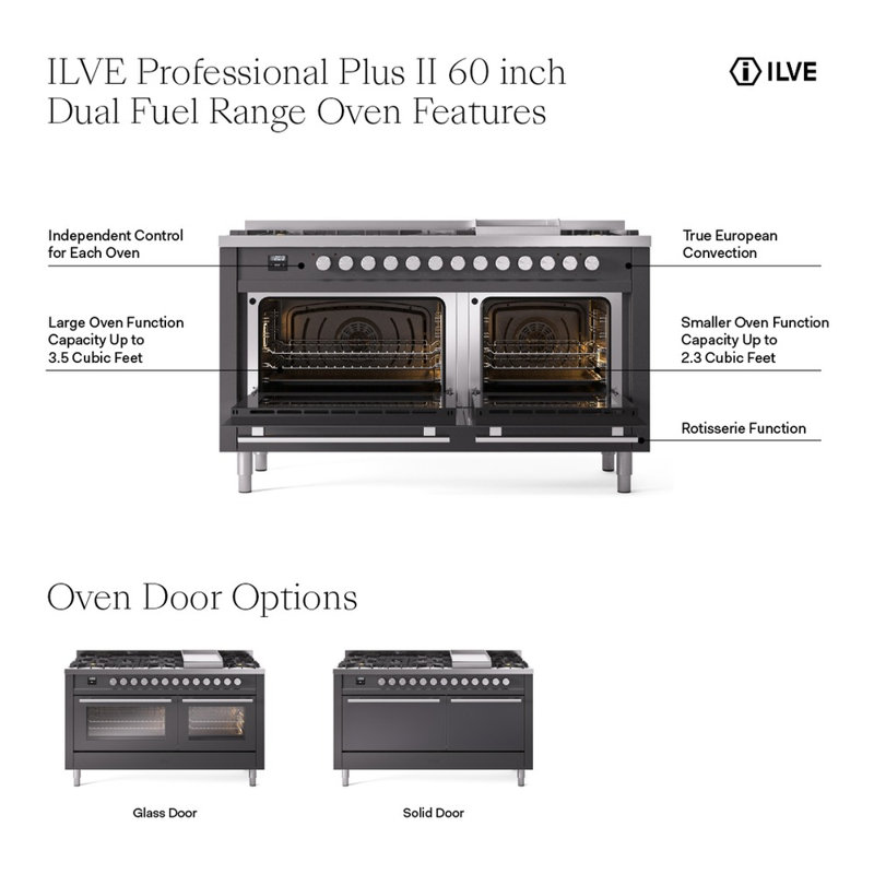 ILVE ProfessionalPlus II 60 Dual Fuel Range, knobs, Graphite Matte, Natural Gas