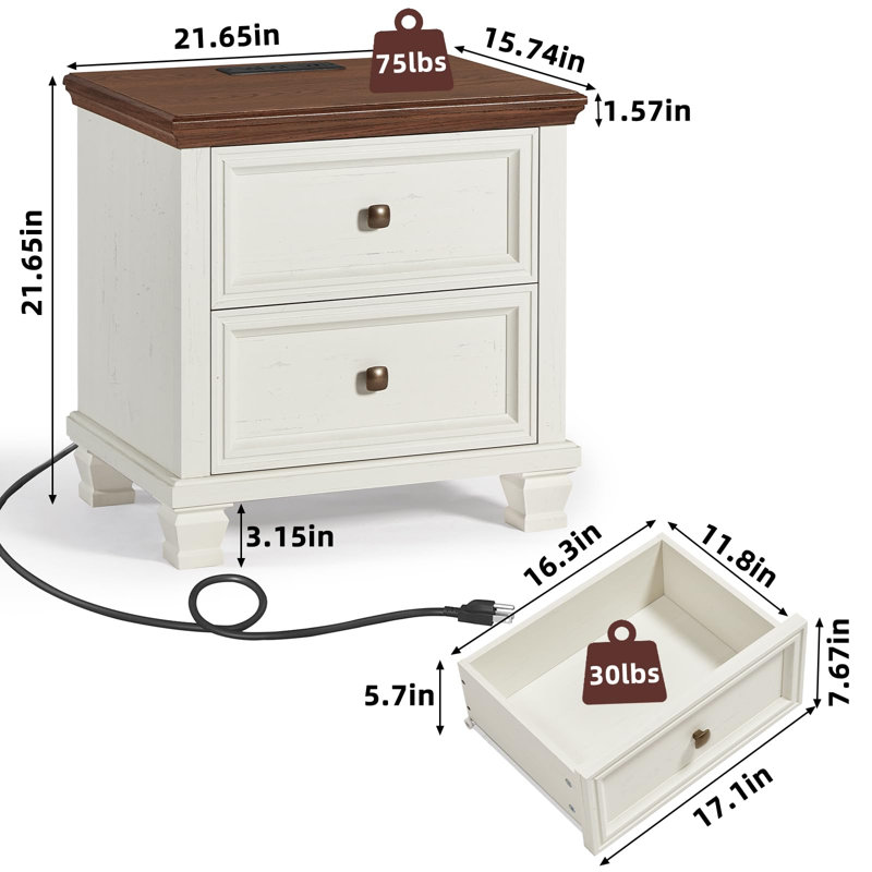 Farmhouse Nightstand with Charging Station, Rustic Low Night Stand with 2 Drawers, Mid-Century Modern End Table with 4 Square Solid Wood Legs, Small Dresser for Bedroom, Home (White)