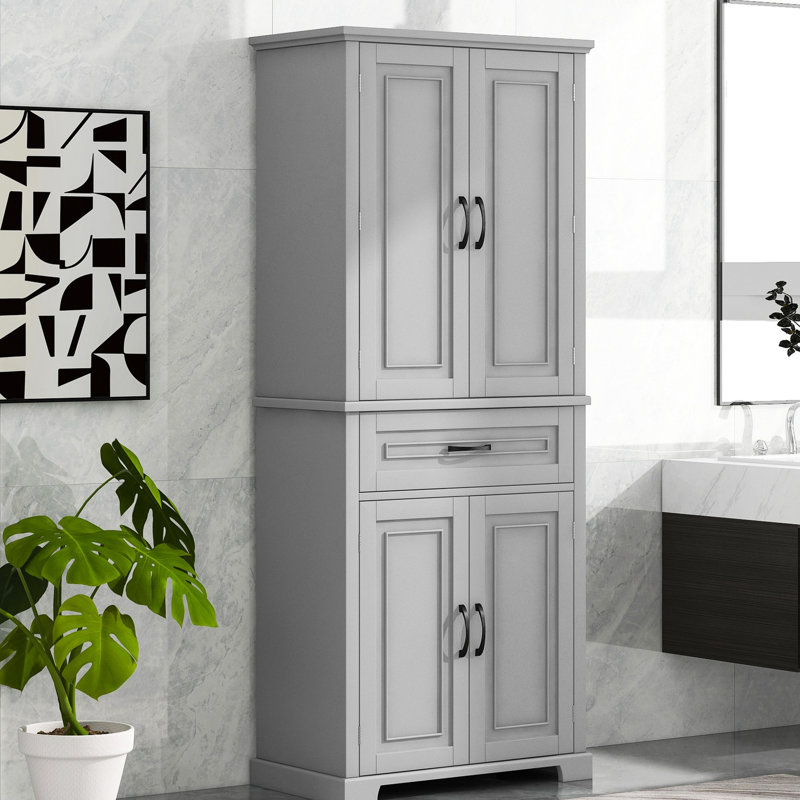 Grey Storage Cabinet For Bathroom - 4 Doors, 1 Drawer, Ample Space, Tipping Metal Black Handles,