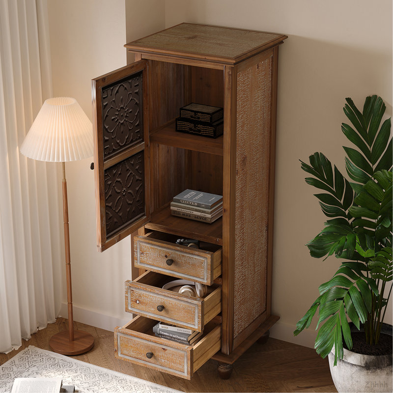 Armoire de rangement rustique en bois avec porte découpée décorative et 3 tiroirs, grand organisateur étroit pour le salon, la chambre à coucher