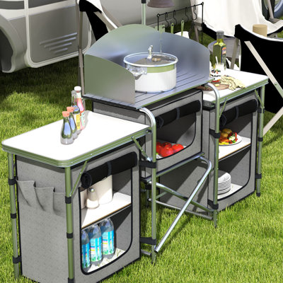 Folding Camping Kitchen with Windshield Fabric Cupboards Grey by Outsunny