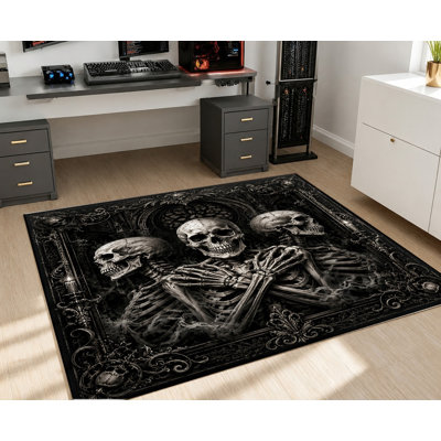 Gothic Skeleton Design Area Rug, Dark Horror Full Skeleton With Floral Accent Pattern, Bold Artistic, Machine Washable, Non‑Slip Backing, Unique Indoor Rug for Living Room, Bedroom, Dormitory, Apartment