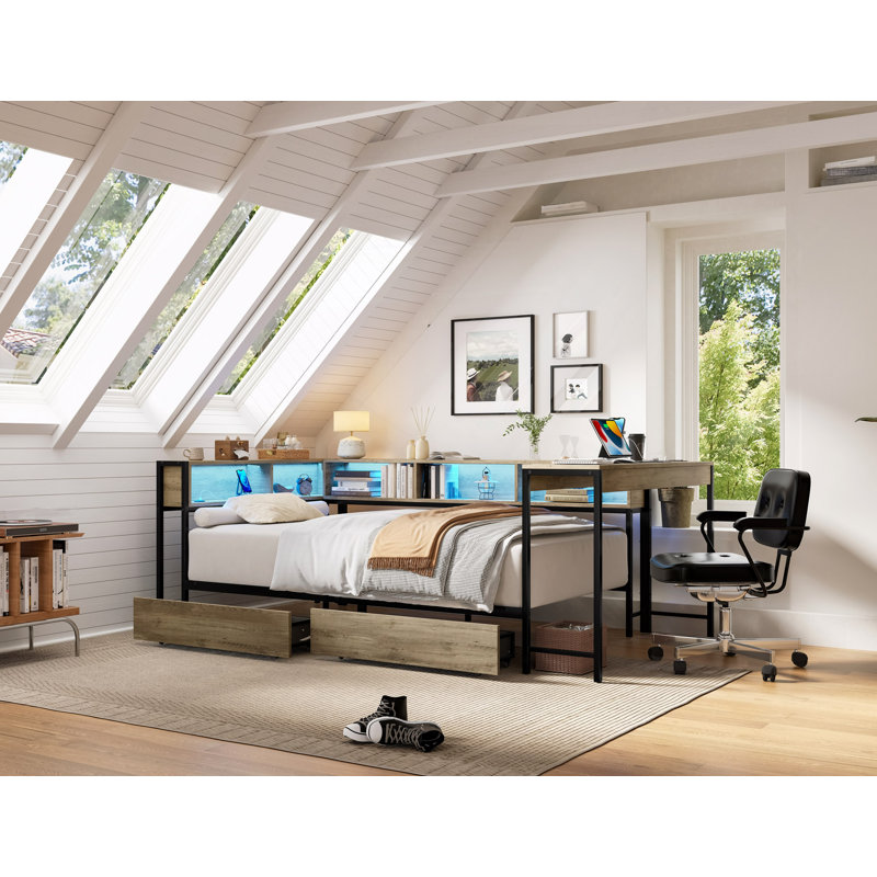 Cadre de lit d'angle avec bibliothèque et 2 tiroirs de rangement sous le lit, lit moderne avec lumière DEL et station de charge, lit de jour moderne