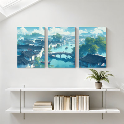 Paysage et nature, ensemble de 3 impressions sur toile, paysage urbain chinois traditionnel