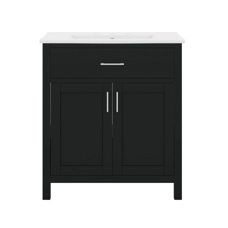 Meuble-lavabo autoportant avec 2 portes à fermeture douce et cadre en bois massif, Noir