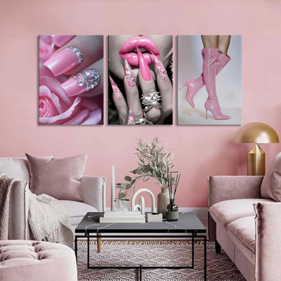 3Pcs Fashion Pink Women Canvas Wall Art Glam Funky Maiden High Heel Pictures Wall Decor Elegant Dreamy Lips Pink Posters Prints Paintings For Living Room Bedroom Home Decoration Prepare To Hang