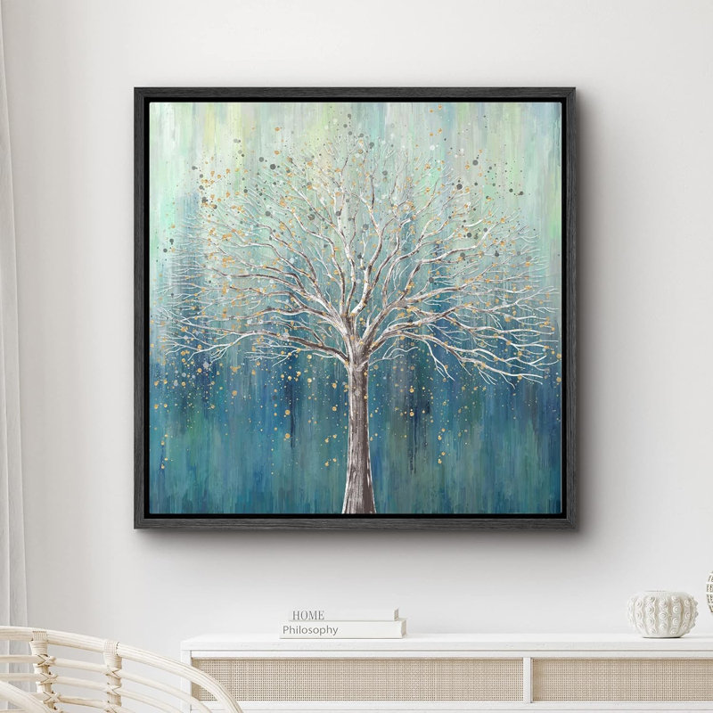 Teal Dots On A Tree Nature Illustration Modern Art Rustic Relax Calm Wall Art Framed Canvas Prints, 16" H x 16" W x 1.5" D