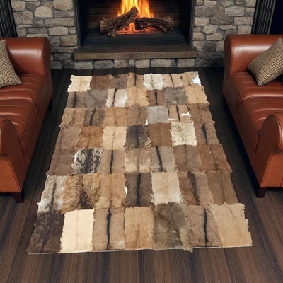 Light Brown Patchwork Goatskin Rug, Handmade Rectangle Natural Goat Fur Carpet, Custom Rustic Leather Area Rug For Living Room