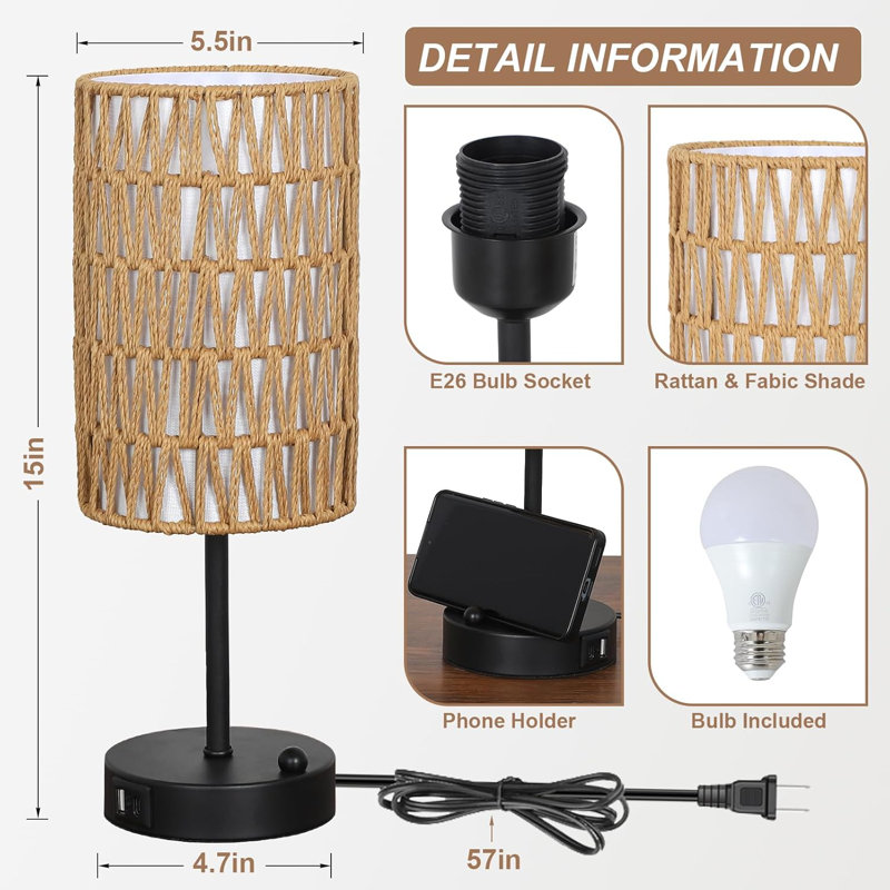 Lampe de table tactile pour chambre à coucher avec ampoule et ports USB