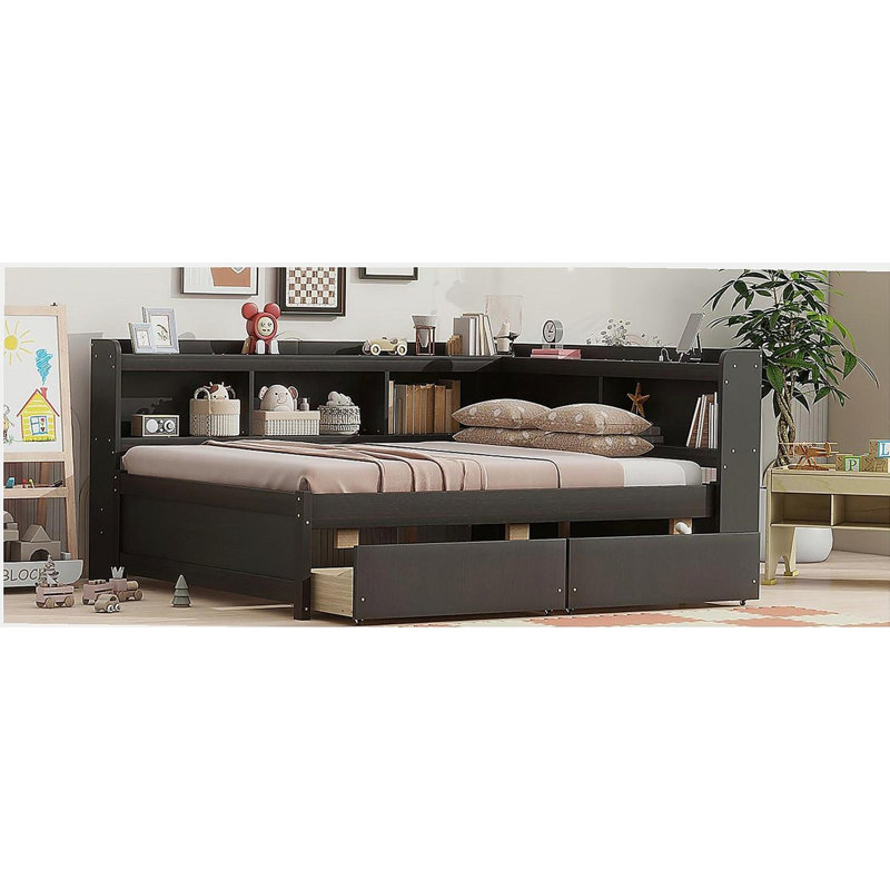 L-shaped bunk bed with power outlet, USB charging port, and two drawers, Full, Espresso