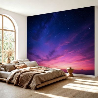 Papier peint adhésif autocollant vue du soir, ciel mauve, nuages, étoiles, abstrait, papier autocollant amovible, décoration murale pour salon, chambre à coucher H 69 po x l 96 po