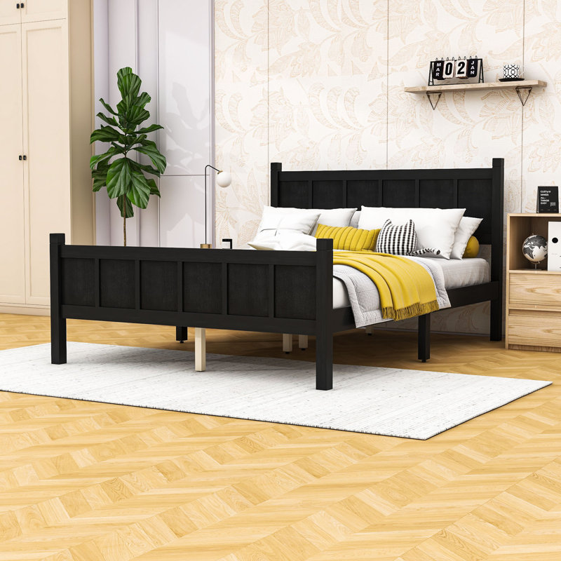 Lit plateforme en bois avec tête de lit robuste et rangement sous le lit, Lit double , Noir