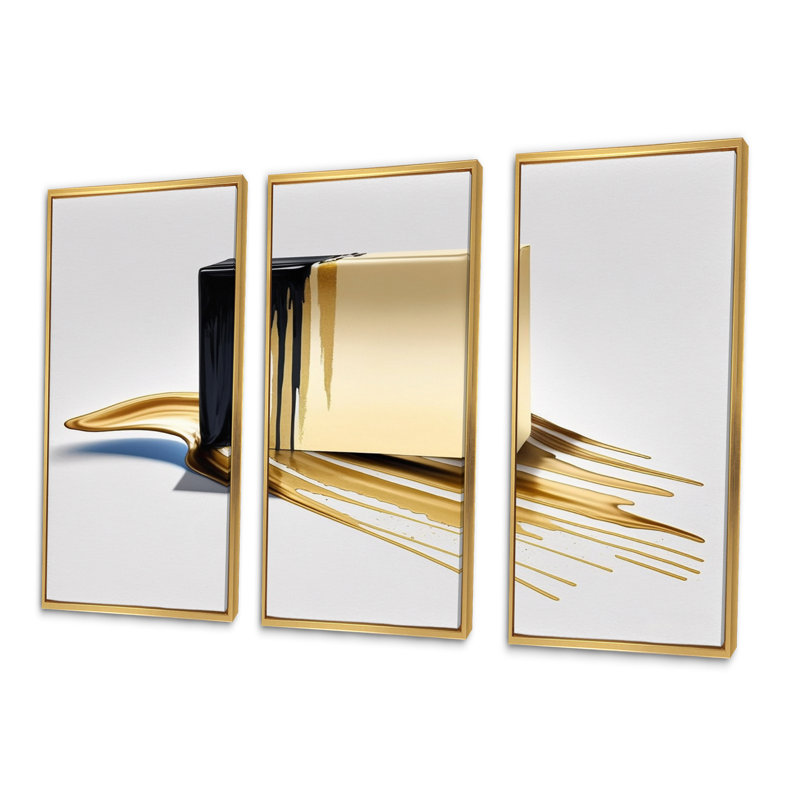 «Black and Gold Cubic Expression» - ensemble d'art mural moderne sur toile, H 28 po x l 36 po x P 1 po, Encadrement doré