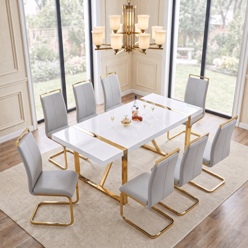 9-Piece Modern Glam Rectangular High-Gloss Dining Set with Faux Leather Cantilever Chairs, 9 Pieces: Table, 8 Chairs