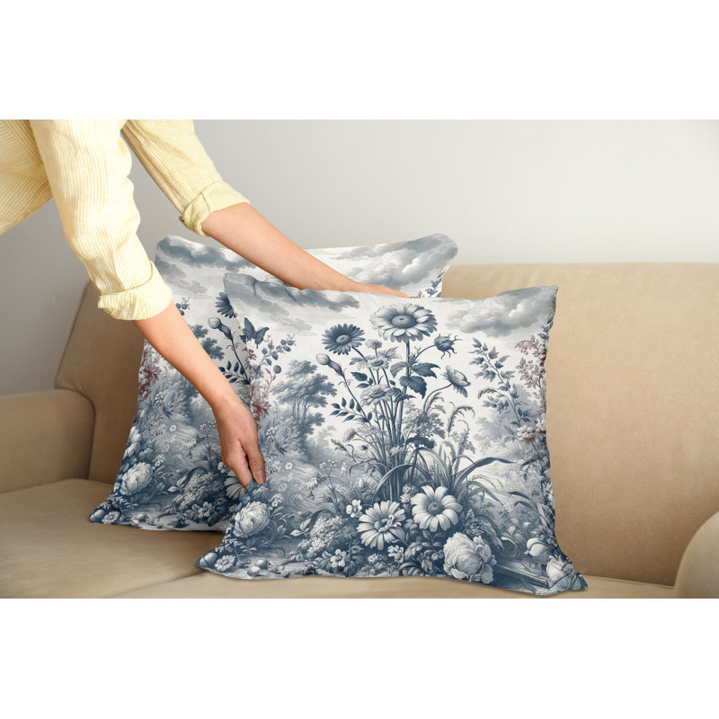 Slate Blue and Burgundy Floral Microfiber Reversible Throw Pillow Covers, Set of 2