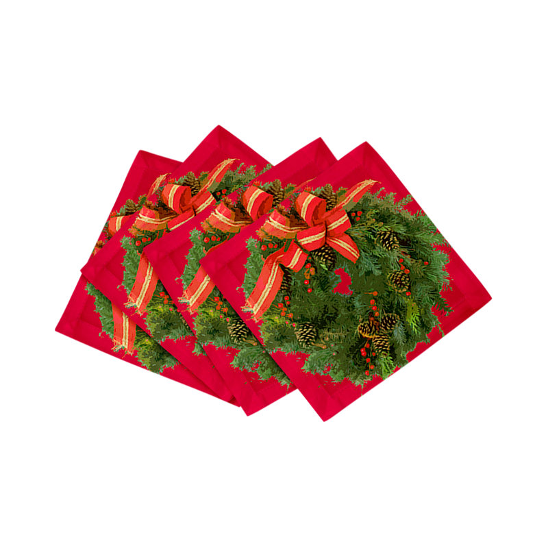Christmas Wreath Cotton Sateen Cocktail Napkins, Red
