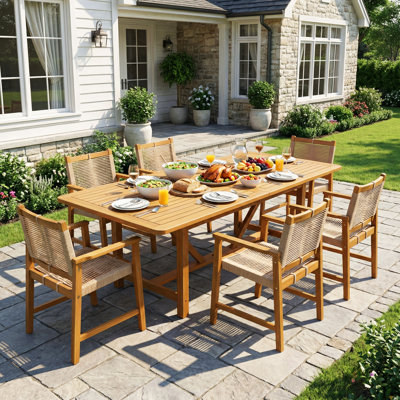  Ensemble de salle à manger d'extérieur 7 pièces, table rectangulaire extensible de 63 po à 95 po de diamètre avec trou pour parasol et 6 chaises tissées à la main, utilisation respirante toutes saisons et installation sans effort - naturel, pour 6 à 8 personnes