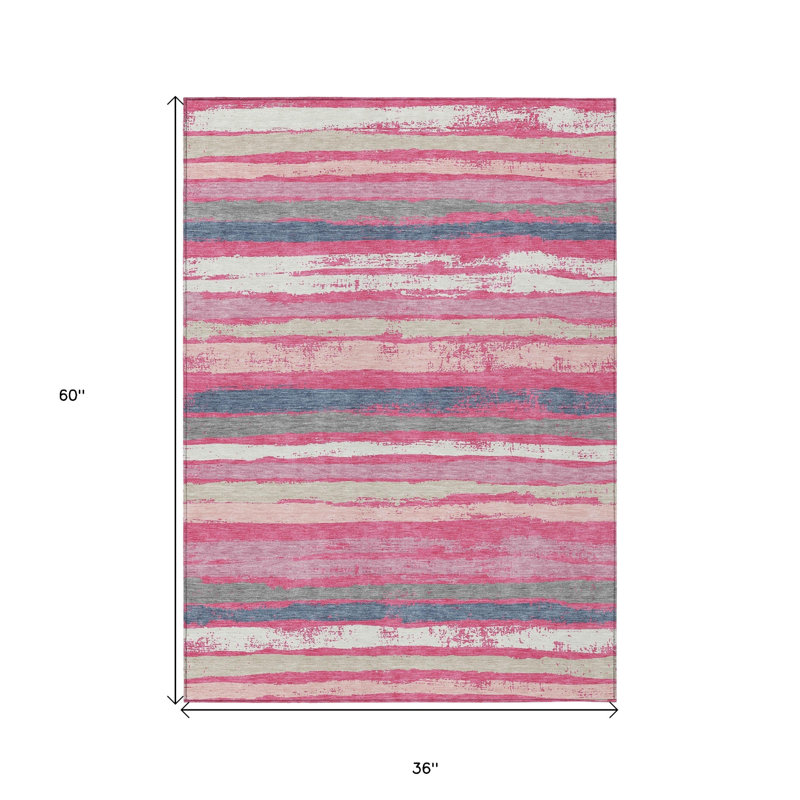 3' X 5' Pink Gray And Green Striped Washable Indoor Outdoor Area Rug