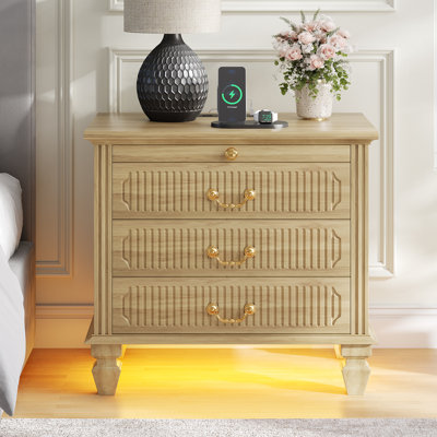 Table de chevet 4 tiroirs en bois massif avec station de charge, lumière à capteur humain, gestion des câbles