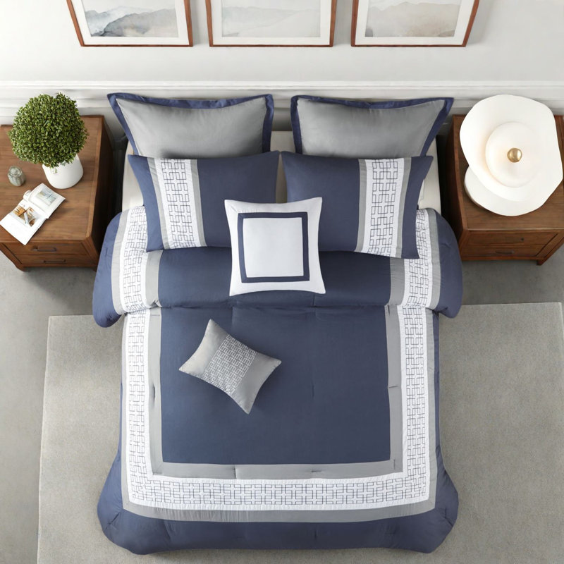 Navy Embroidered Bedding Sets, Hypoallergenic Polyester, Hotel Style Queen Decor