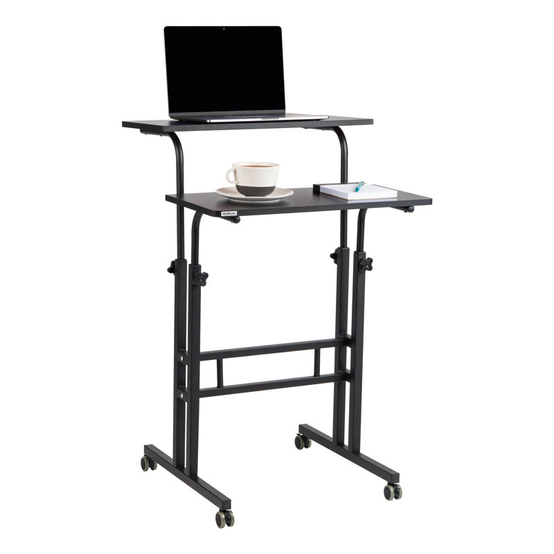 Bureau debout Mind Reader, poste de travail pour ordinateur portable à hauteur réglable, bureau roulant sur roulettes, structure en métal à deux niveaux, noir