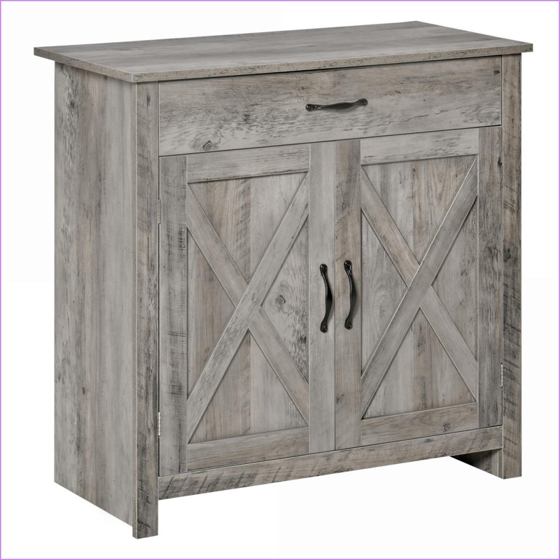 Sideboard Buffet Cabinet | Farmhouse Barn Door 32” Gray Wash | Storage &amp; Adjustable Shelf | MDF, Particleboard
