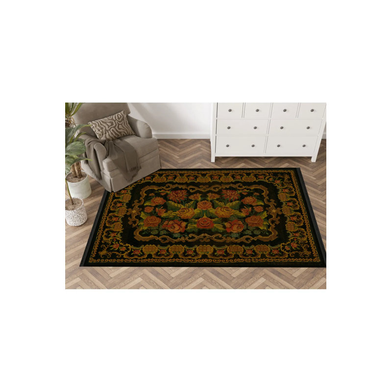 Tapis décoratif noir à motif de roses à motif traditionnel noir, Rectangle 4 pi 11,06 po x 7 pi 6,55 po