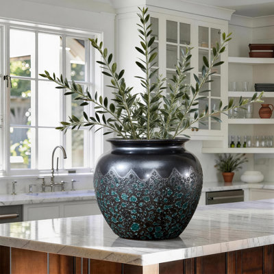 Vase de table en céramique fabriqué à la main, vase décoratif texturé à large ouverture en céramique avec finition martelée verte, pour la maison / le bureau / la chambre à coucher / le salon