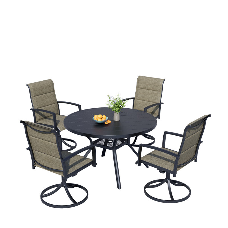  5-Piece Patio Dining Set, Taupe Foamed PVC-coated polyester Swivel Patio Chairs + 37" Square Metal Dining Table with Umbrella Hole, All-Weather Backyard Furniture